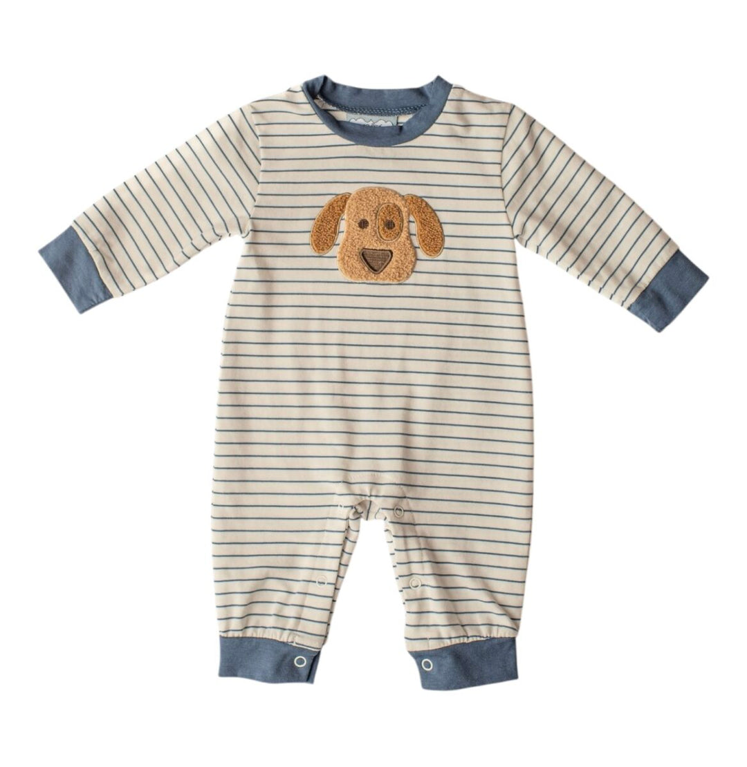 PUPPY DOG APPLIQUE STRIPED BOYS ROMPER