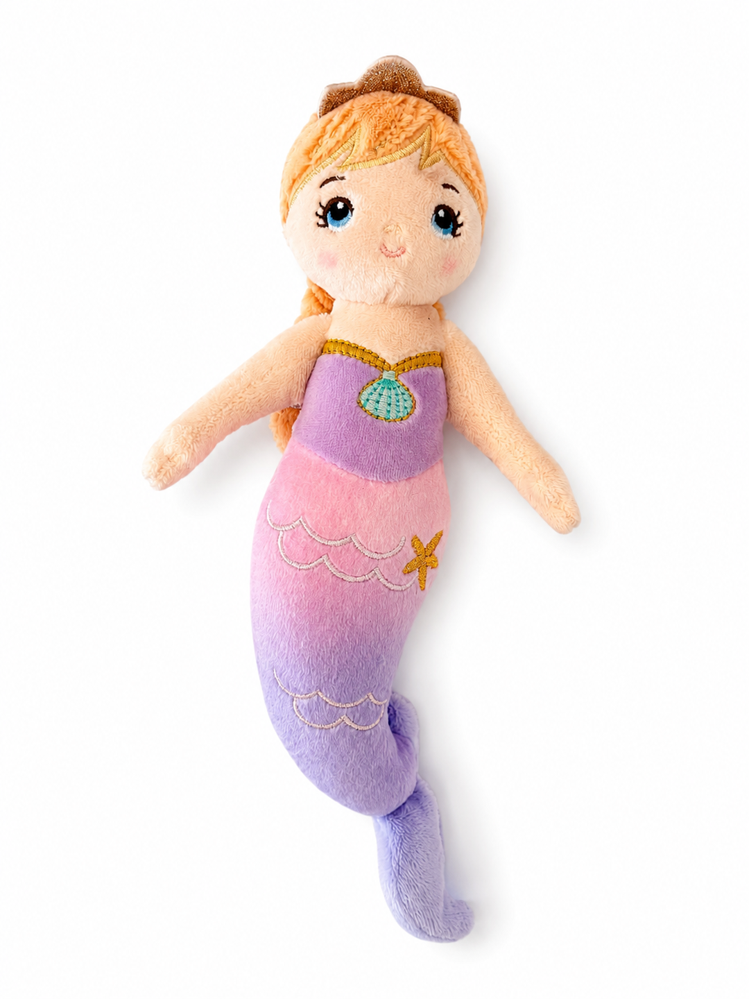 A mermaid plush doll with peach skin, orange-brown hair, and a purple-to-pink gradient mermaid tail, shown on a plain white background.