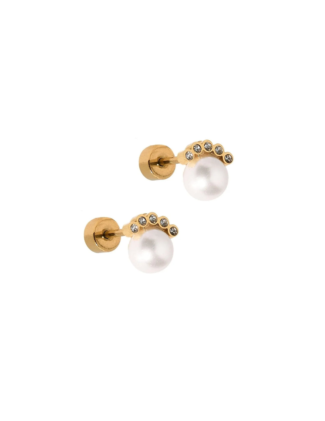 Linny Co Winnie gold screwback stud earrings with white pearls and curved CZ accents