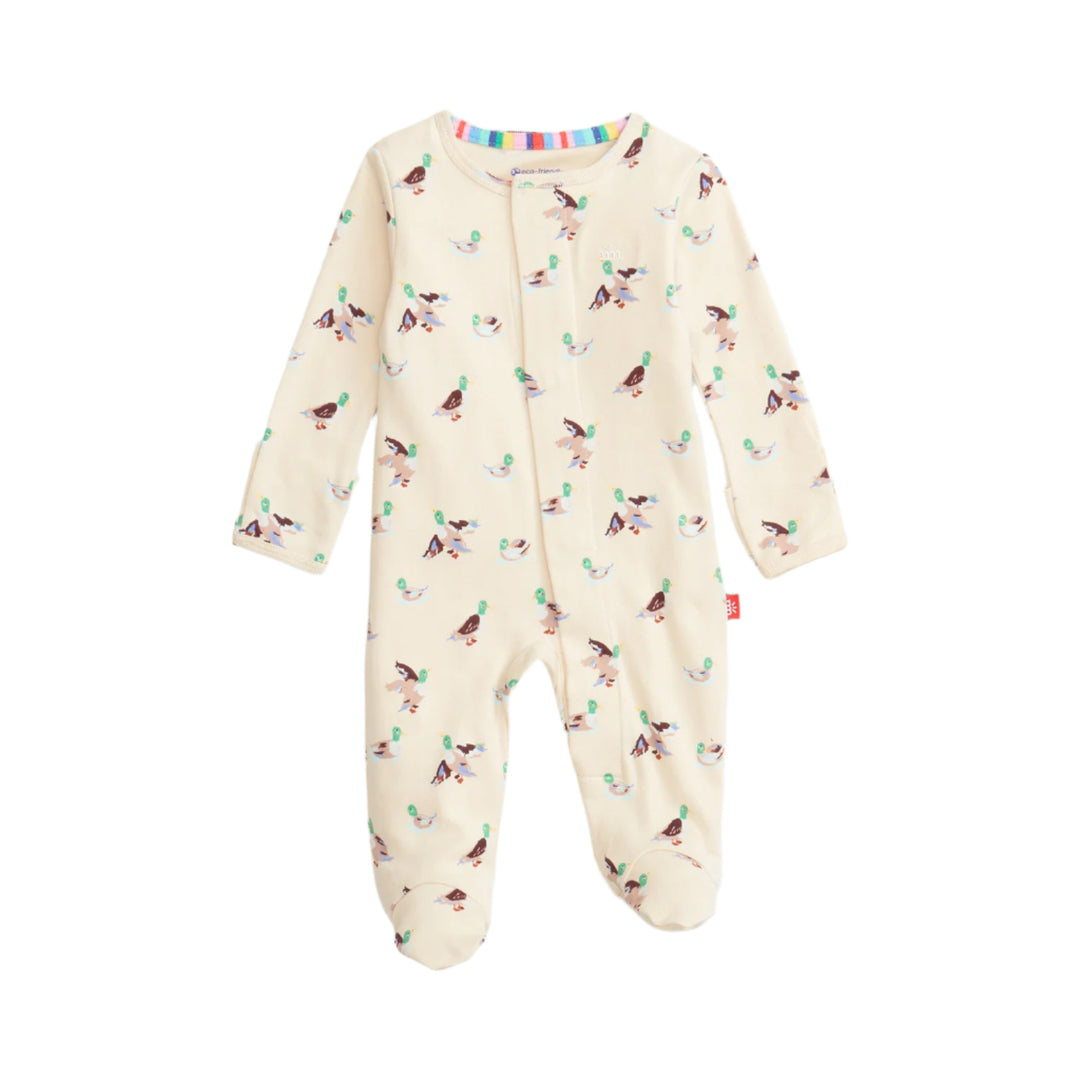 yellow baby footie with mallard duck pattern on a white background