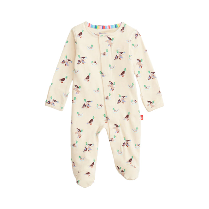 yellow baby footie with mallard duck pattern on a white background