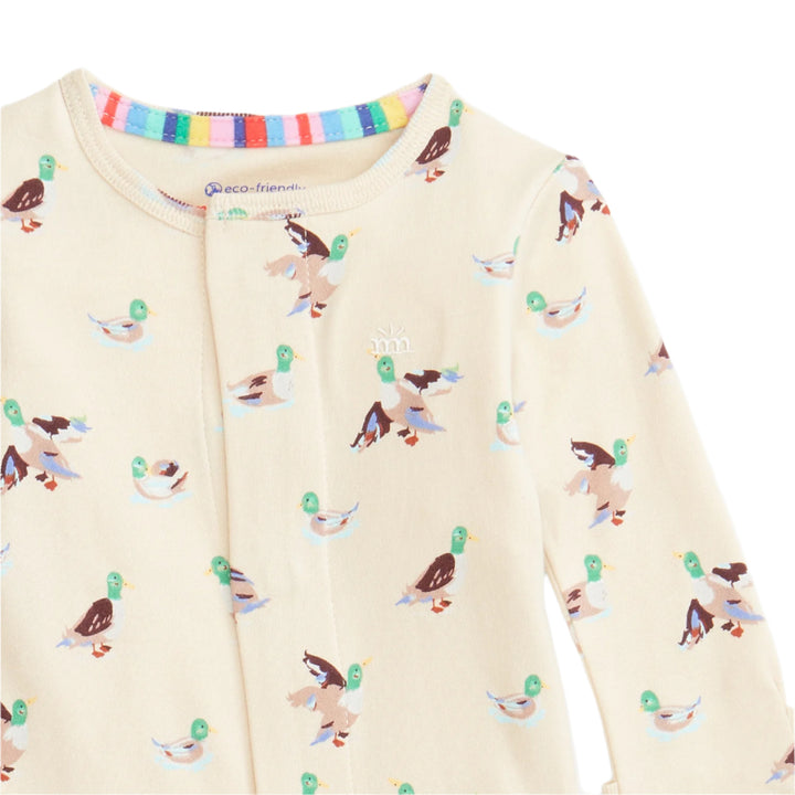 Baby onesie with duck pattern on a white background