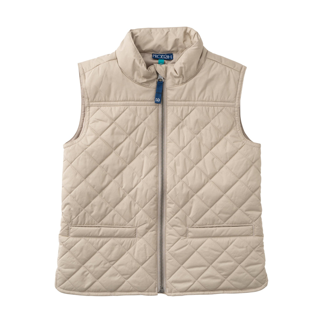 Beige quilted vest with a brand logo on a white background