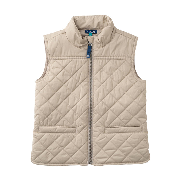 Beige quilted vest with a brand logo on a white background