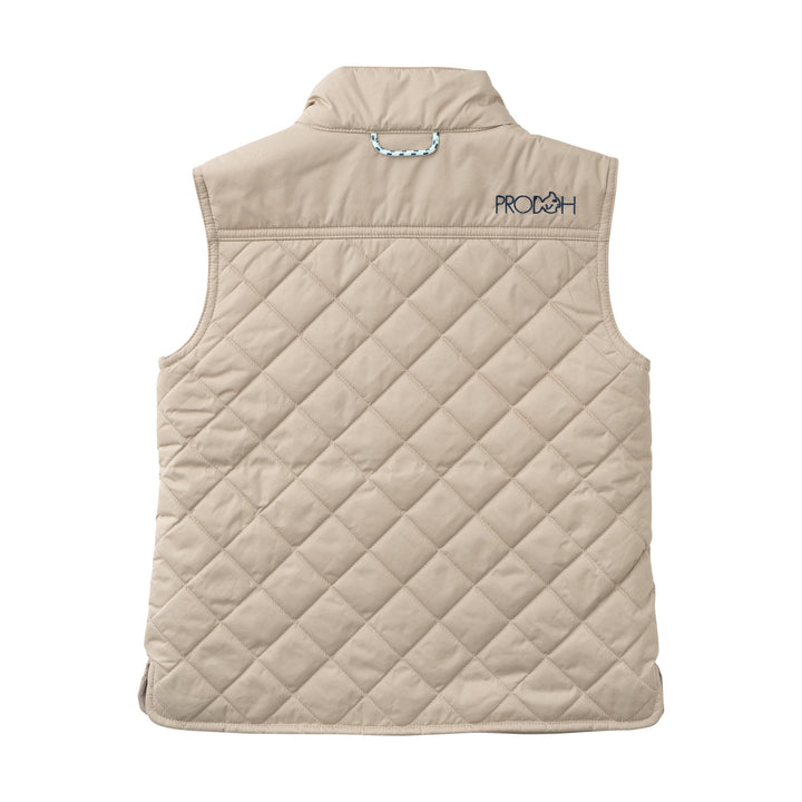 Beige quilted vest with a brand logo on a white background