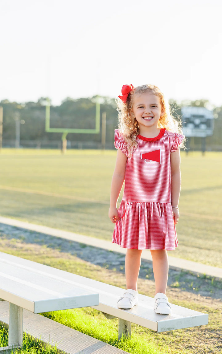 RED STRIPED MEGAPHONE APPLIQUE DRESS