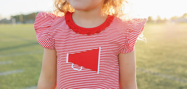 RED STRIPED MEGAPHONE APPLIQUE DRESS