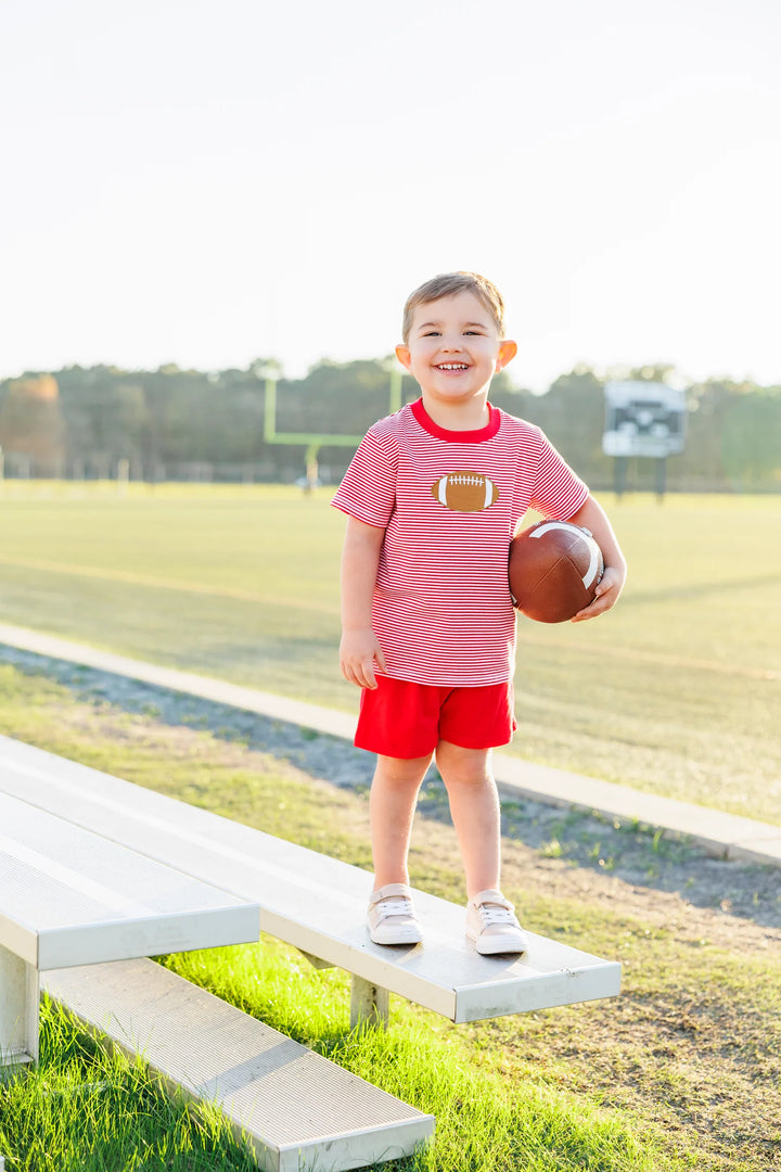 RED STRIPED FOOTBALL APPLIQUE SHIRT