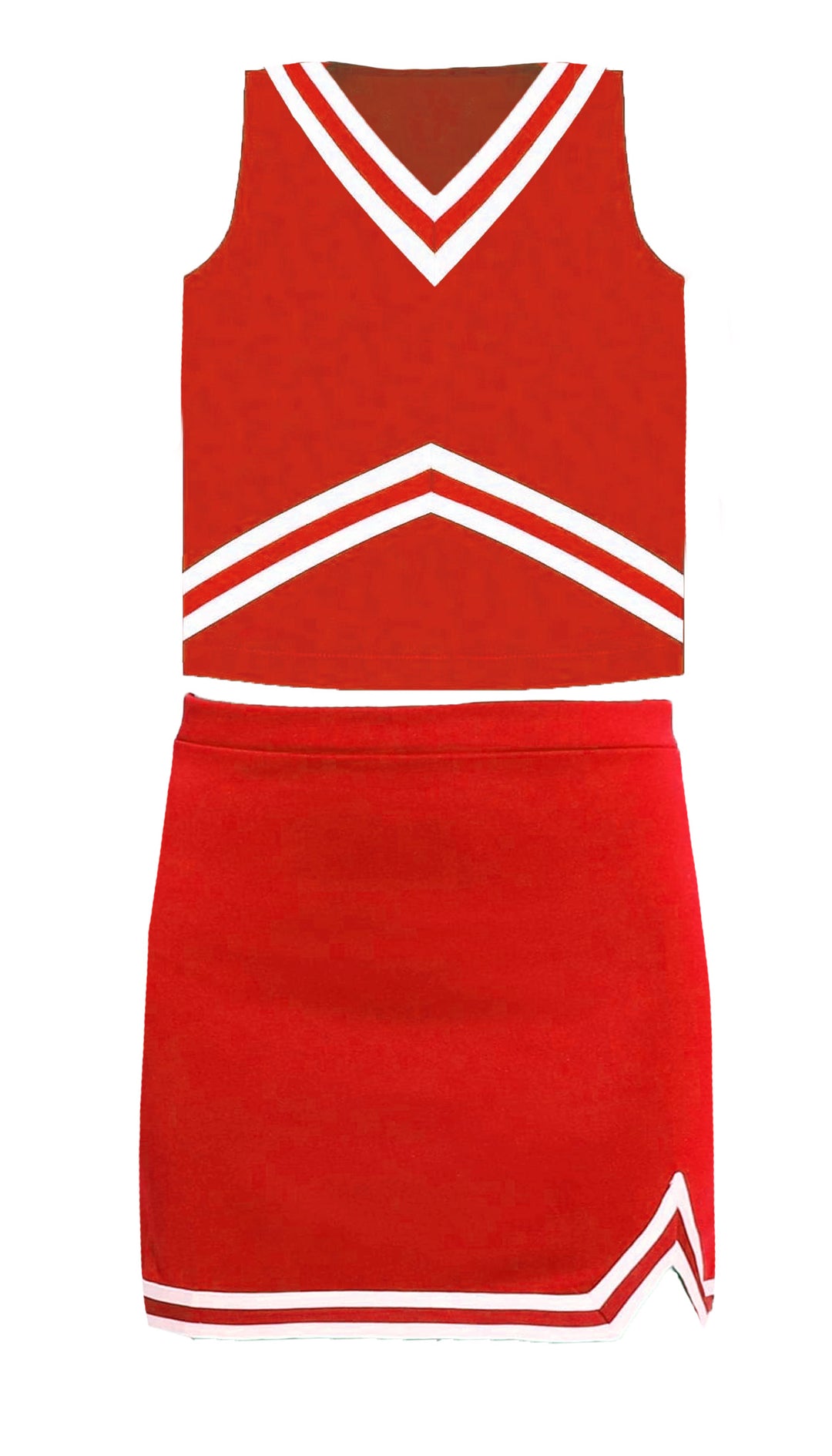 Red cheerleader dress with white accents on a white background