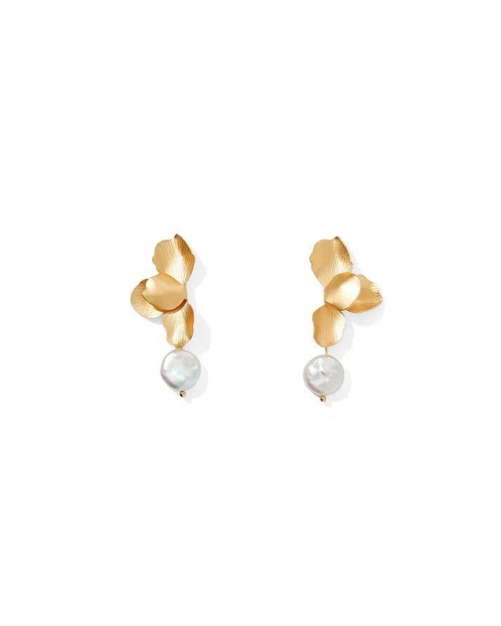 Linny Co Sarah gold floral statement earrings with sculpted petals and pearl drops