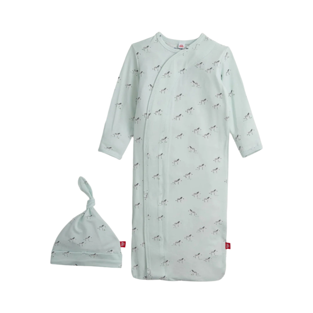 Baby gown set with light blue gown and hat featuring animal prints on a white background