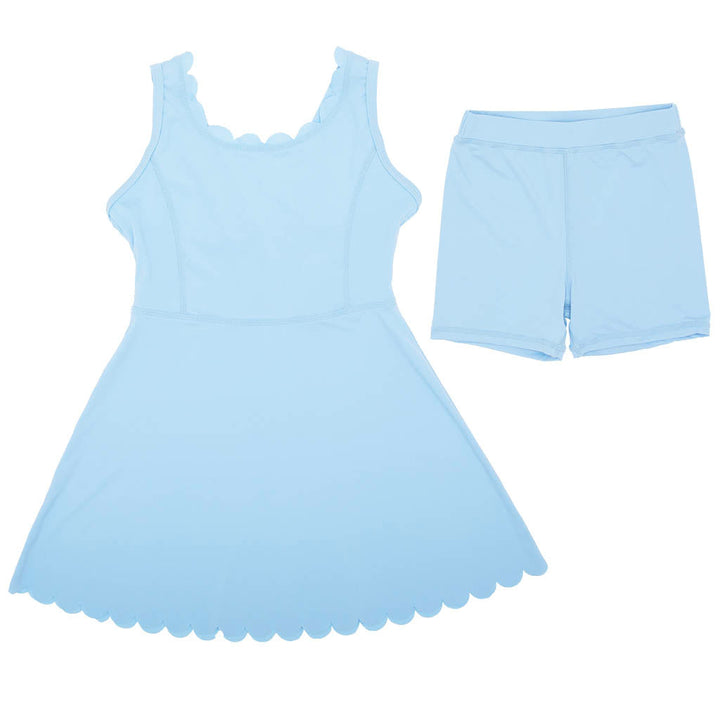 Light blue dress and shorts set on a white background