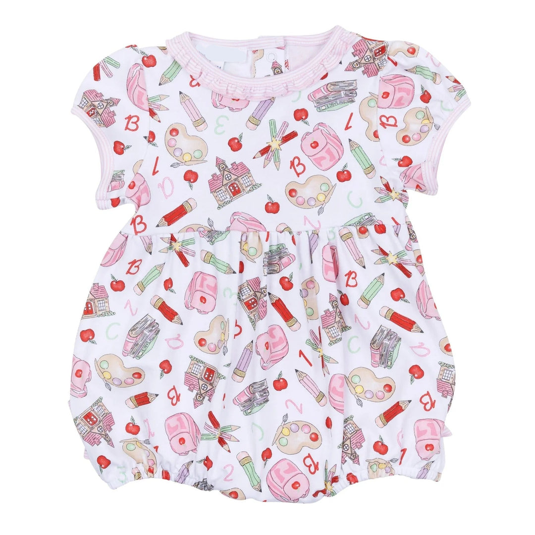 Baby romper with colorful print on a white background