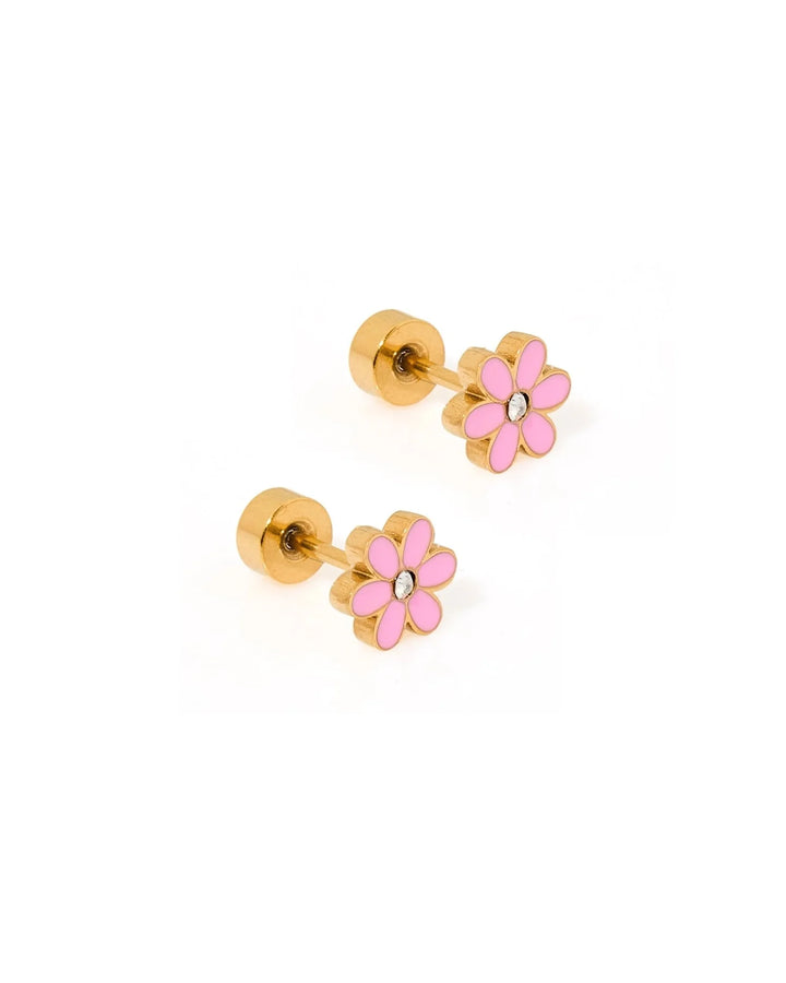 Linny Co Alli pink flower screwback stud earrings with crystal centers and flat backs