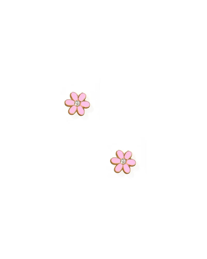 Pair of pink flower screwback stud earrings with gold trim and clear crystal centers