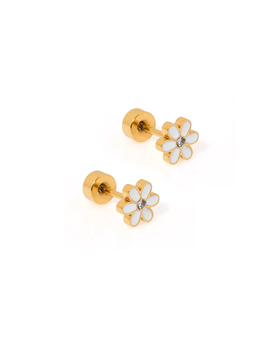 Linny Co Alli white flower screwback stud earrings with crystal centers and flat backs