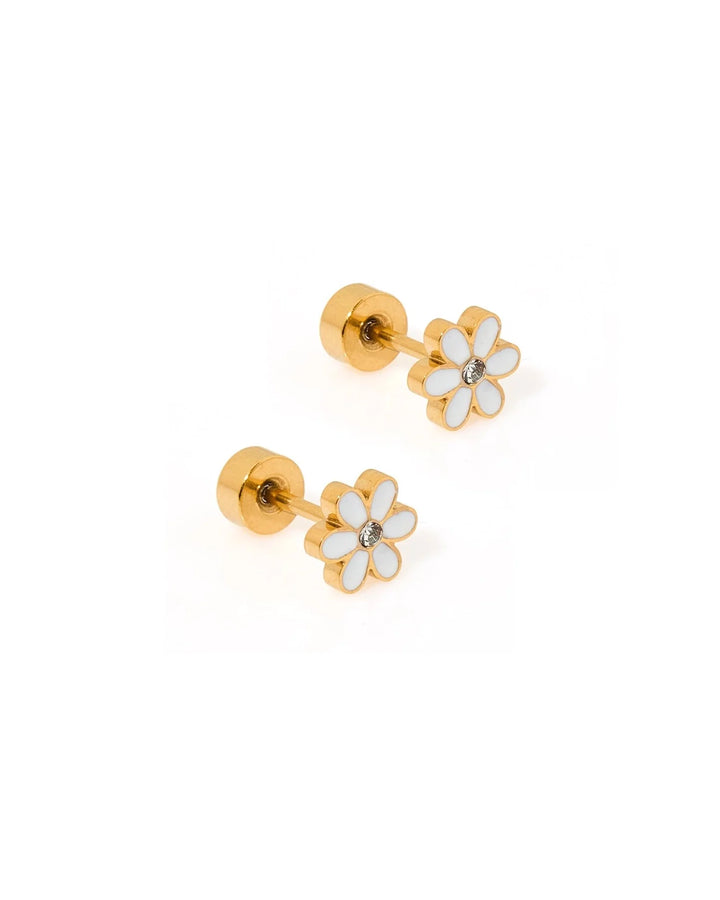 Linny Co Alli white flower screwback stud earrings with crystal centers and flat backs
