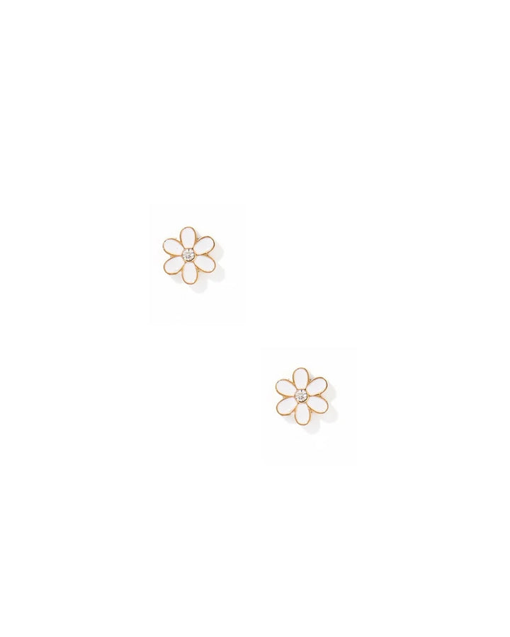 Pair of white flower screwback stud earrings with gold trim and clear crystal centers
