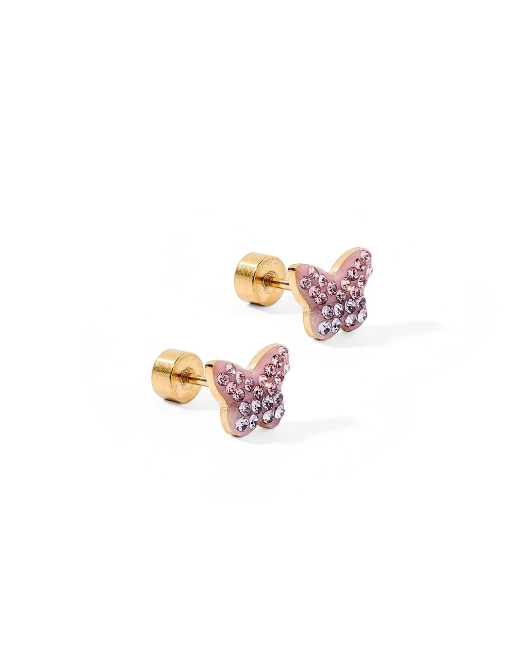 Linny Co Bindi pink butterfly screwback stud earrings with crystal accents and flat backs