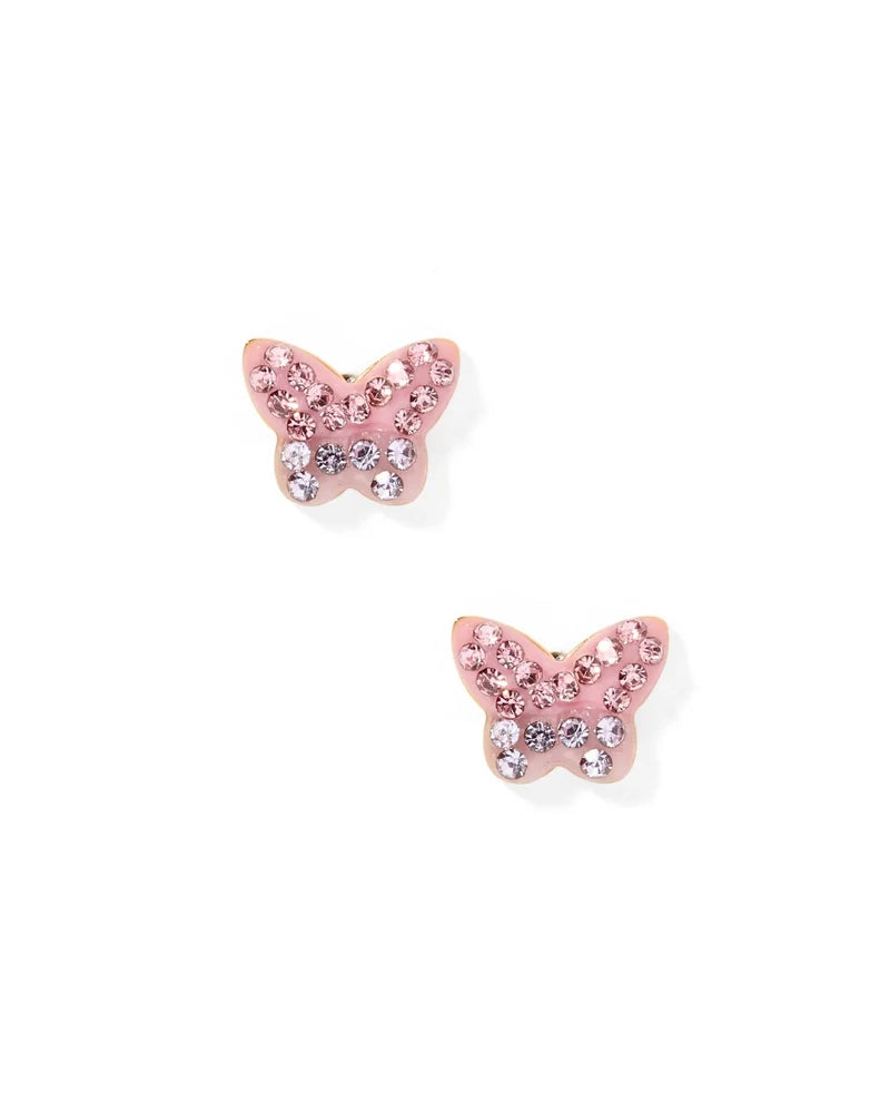Pair of pink butterfly screwback stud earrings detailed with sparkling clear crystals