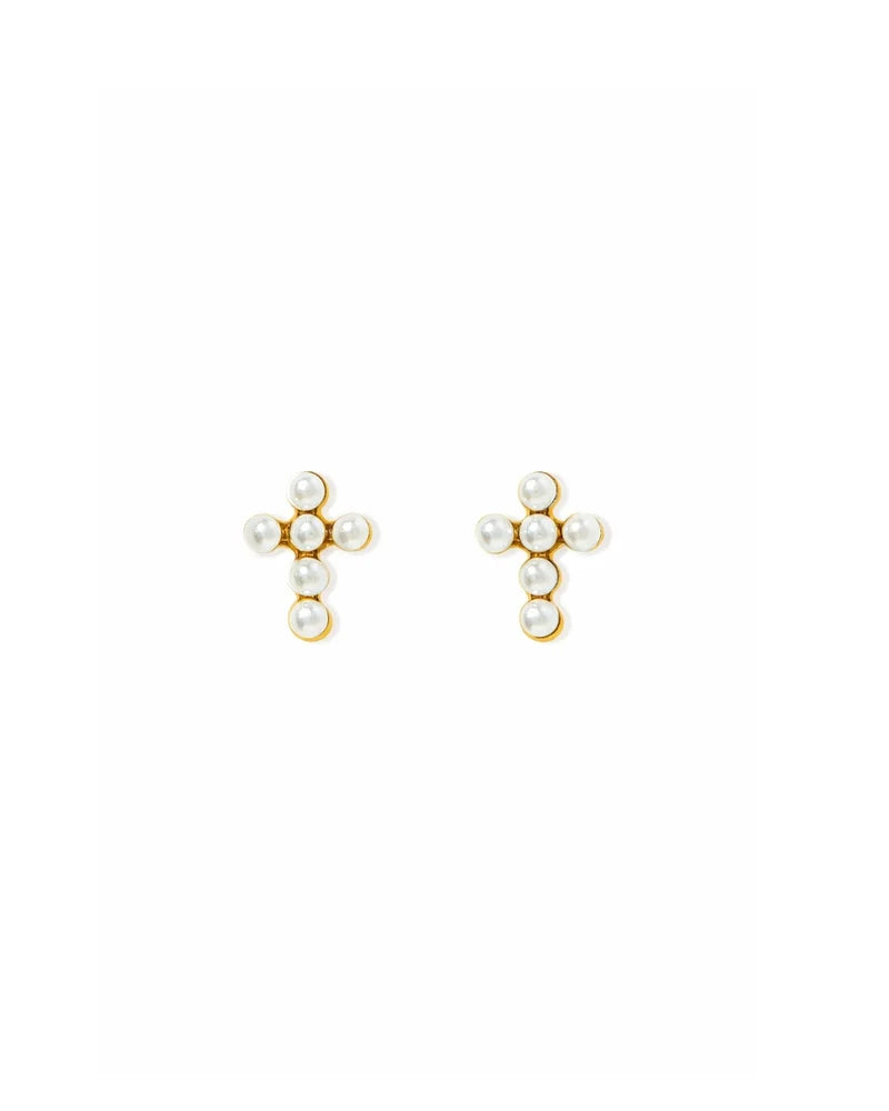 Pair of gold cross screwback stud earrings accented with petite white pearls