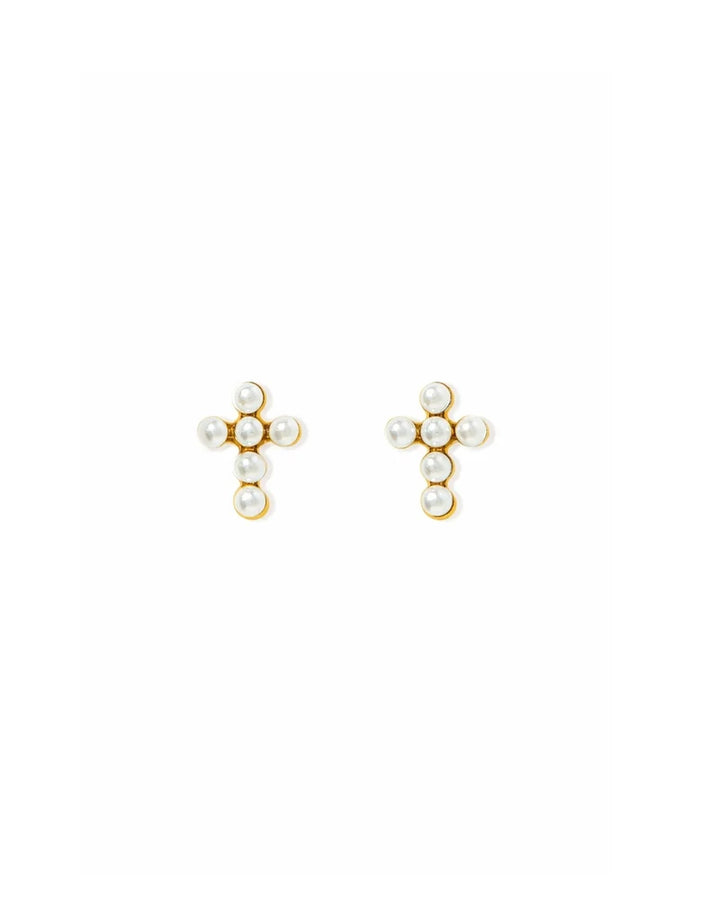 Pair of gold cross screwback stud earrings accented with petite white pearls