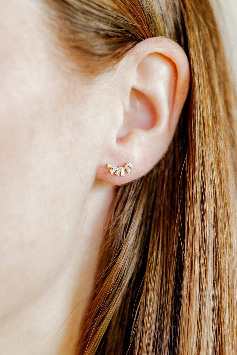Delaney clear baguette crystal ear climber screwback stud earring worn on the ear