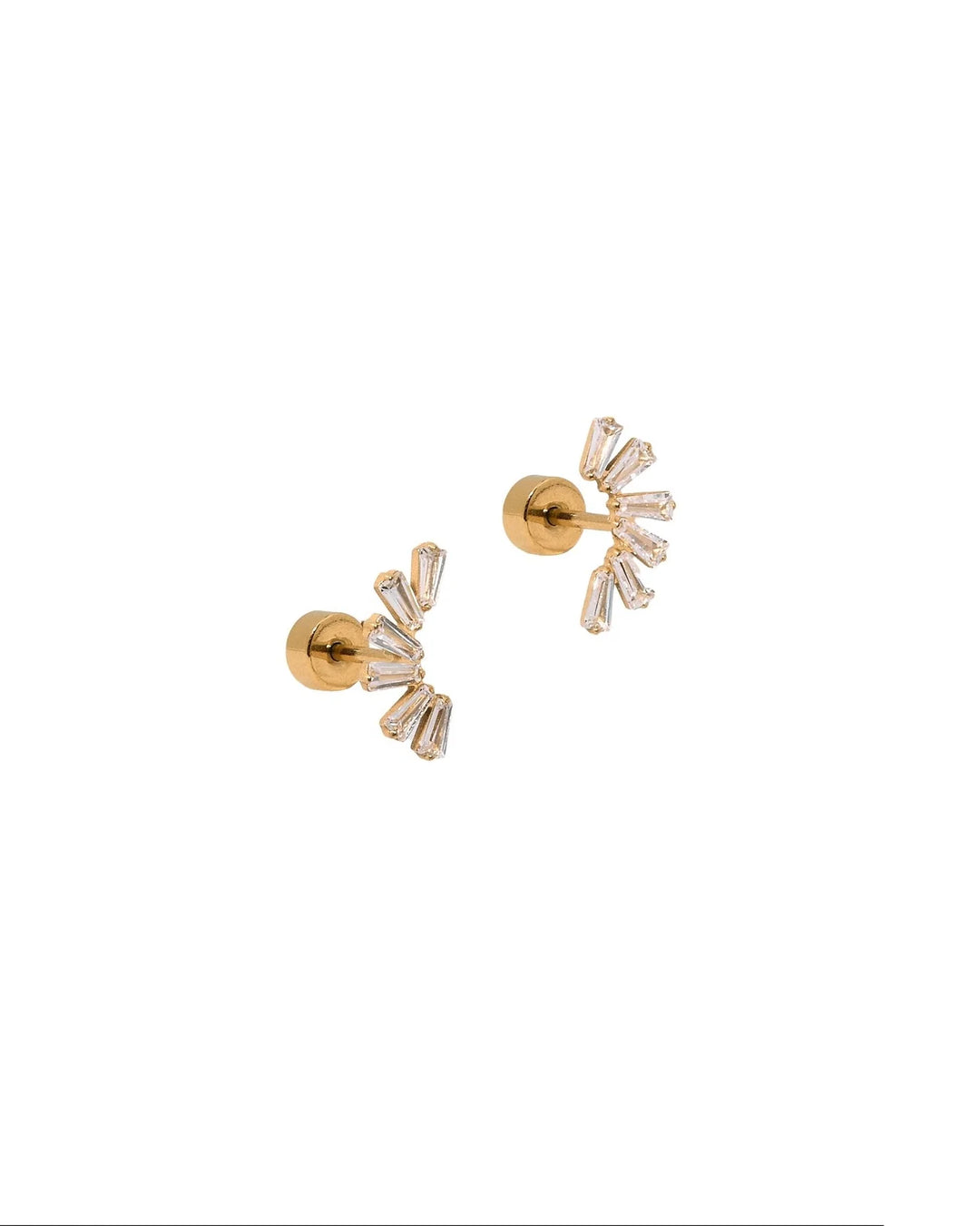 Linny Co Delaney gold screwback stud earrings with fan-shaped baguette crystals and flat backs