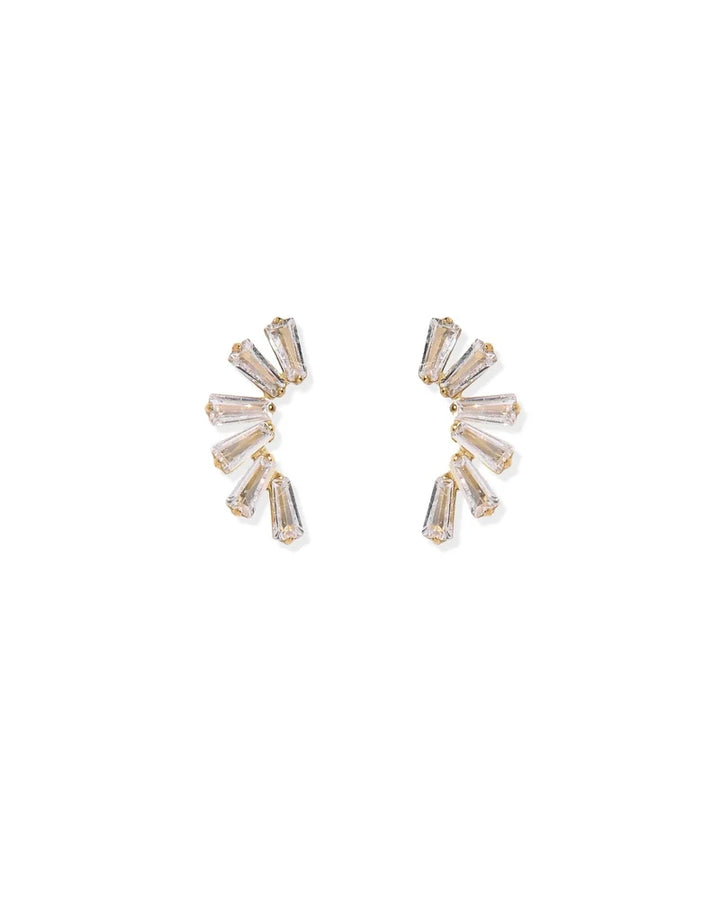 Pair of Delaney gold ear climber studs with graduated clear baguette crystals