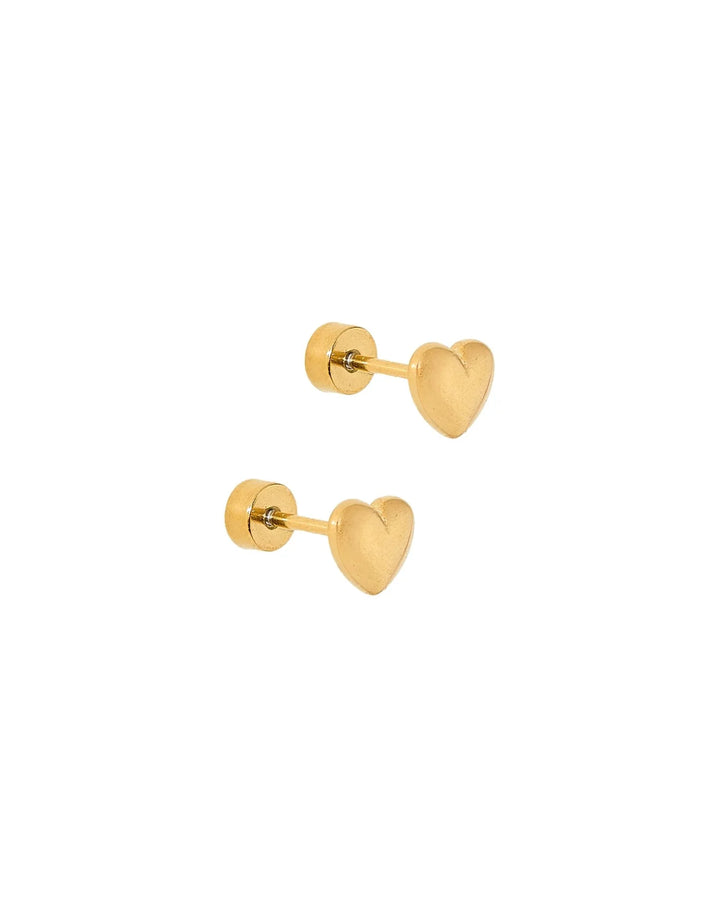 Linny Co Hadley polished gold heart screwback stud earrings shown with flat backs