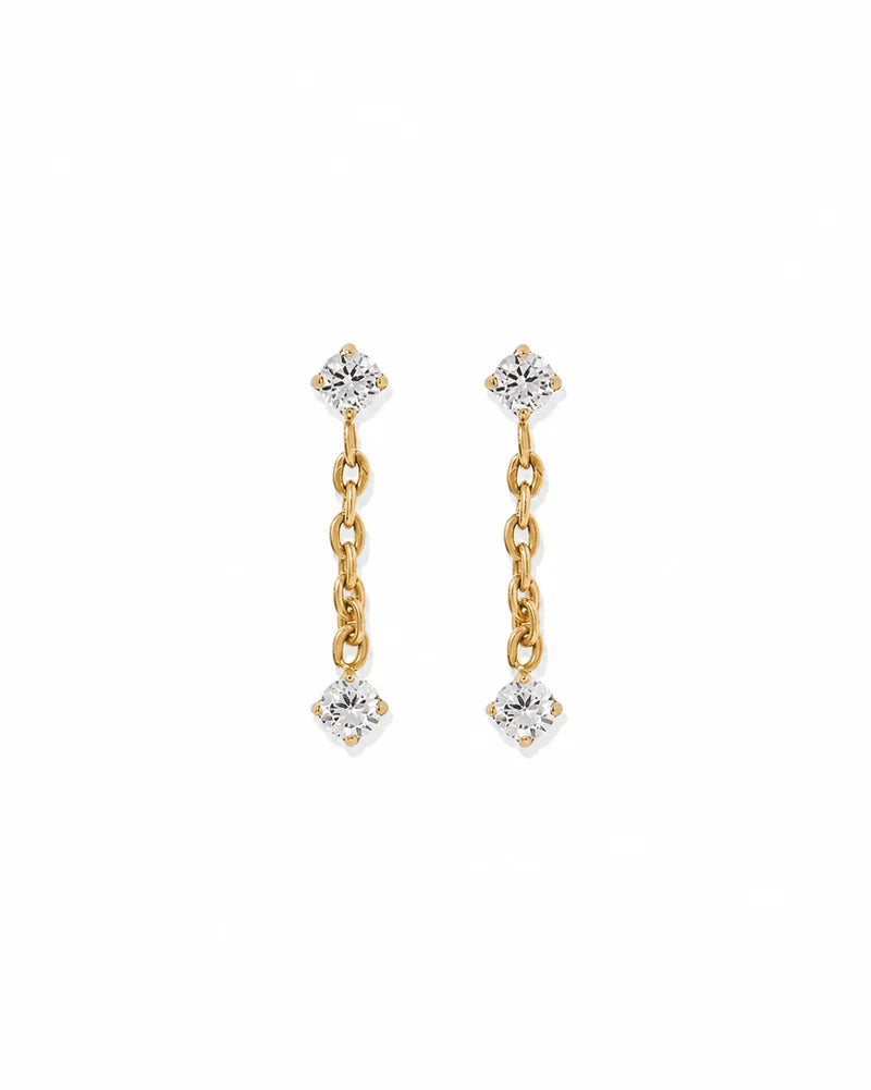 Pair of Holland gold screwback earrings with two clear crystals and delicate chain drops