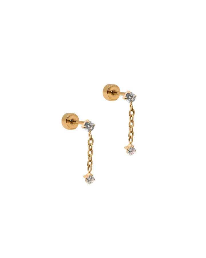 Linny Co Holland gold screwback stud earrings with clear crystal chain drops and flat backs