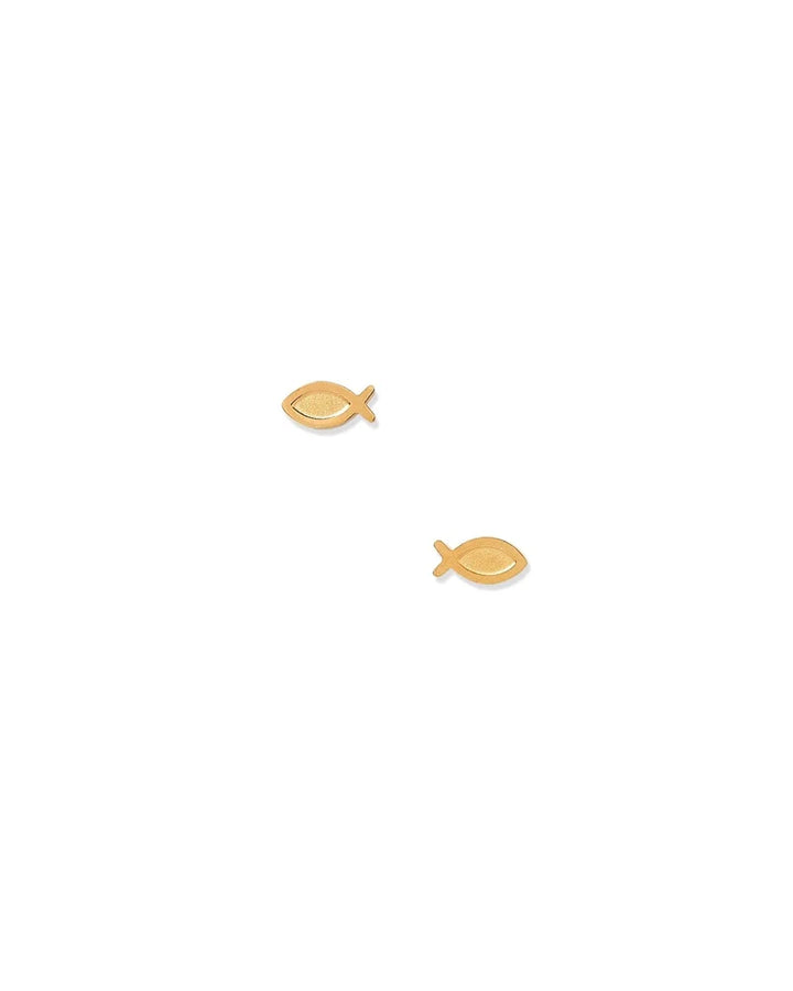 Pair of polished gold Ichthys fish screwback stud earrings on a white background