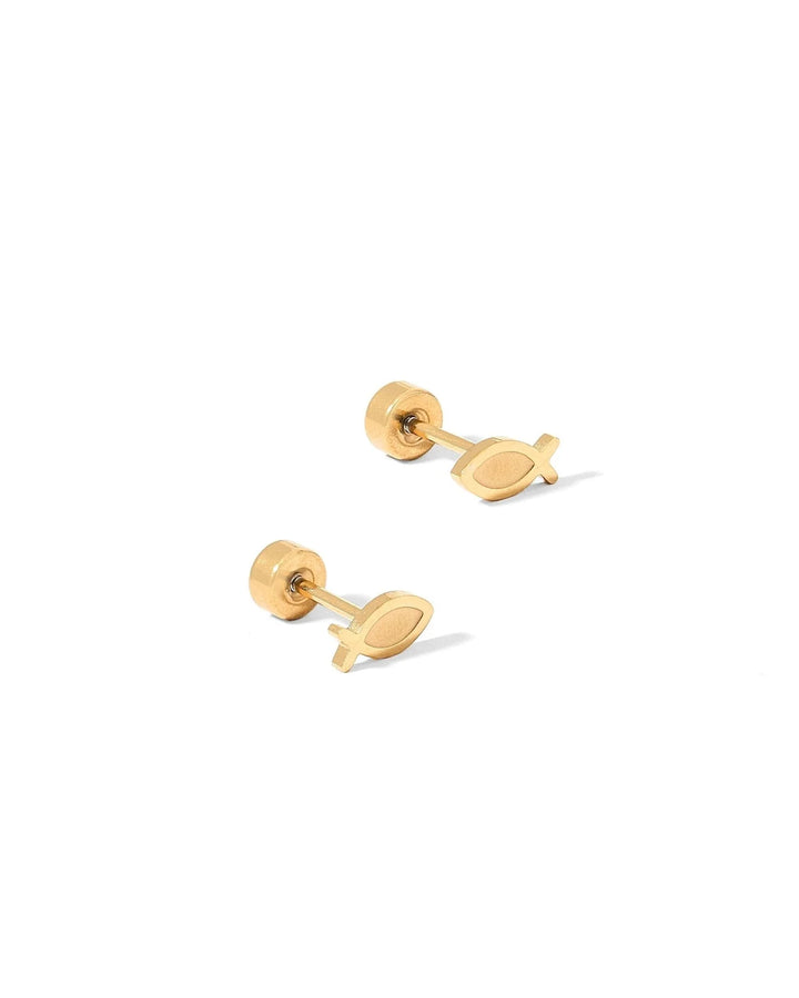 Linny Co Ichthys gold fish screwback stud earrings shown with secure flat backs