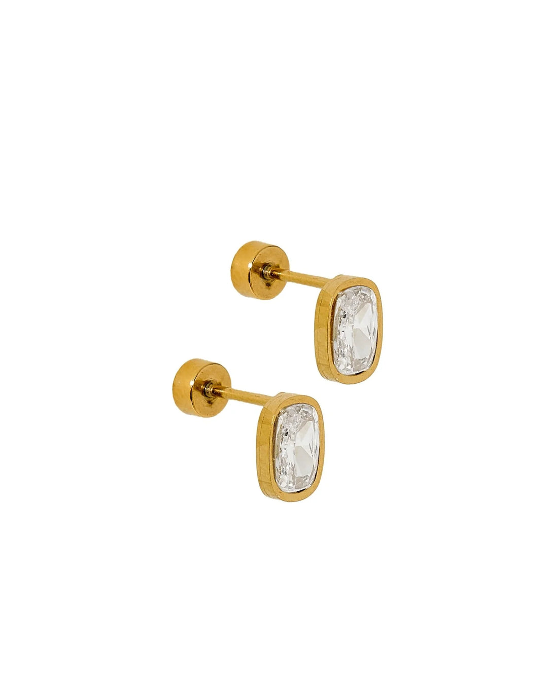 Linny Co Kay clear gold screwback stud earrings with rectangular bezel-set crystals