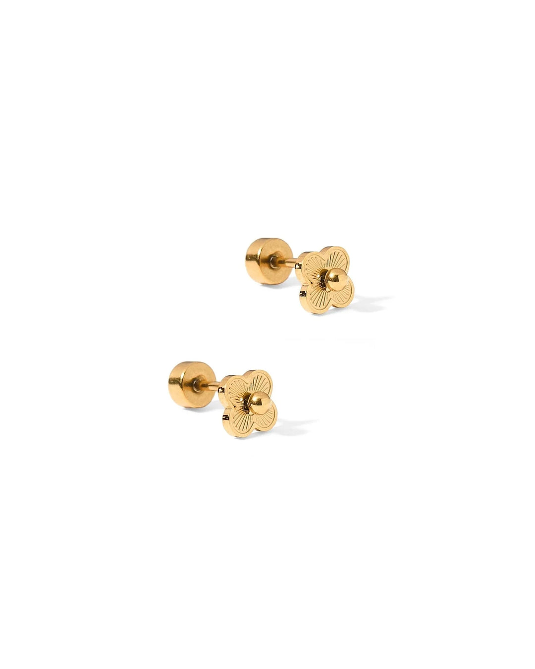 Linny Co Sweet Clover gold screwback stud earrings shown with secure flat backs