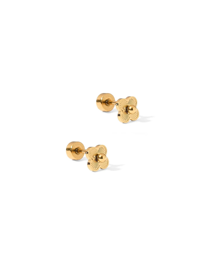 Linny Co Sweet Clover gold screwback stud earrings shown with secure flat backs