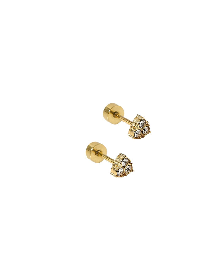 Linny Co Tatum gold screwback stud earrings with a petite three-crystal cluster and flat backs