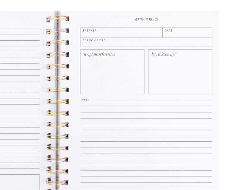 A spiral-bound planner or notebook page with a clean white layout and gold-tone wire binding. The page includes labeled sections for sermon notes, including fields for speaker, date, sermon title, scripture references, key takeaways, and a notes area.