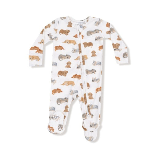 sweet napping puppies print on zipper footie on white background