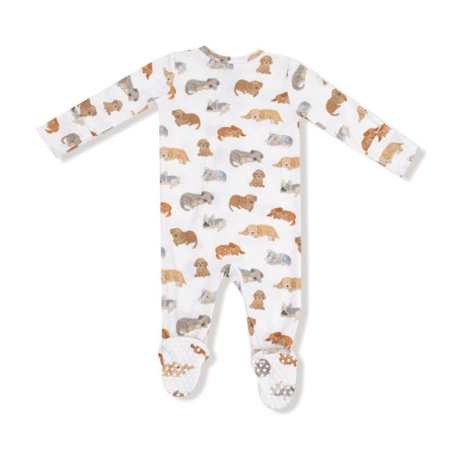 back of sweet napping puppies print on zipper footie on white background