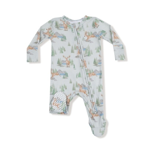 Buck Deer Green Bamboo Zipper Footie – Soft Bamboo Baby Boy Footed Pajamas with Deer Print | Walker Boutique