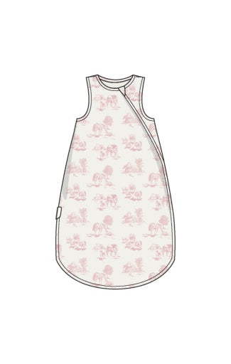 pink farm toile sleep bag for babies on white background