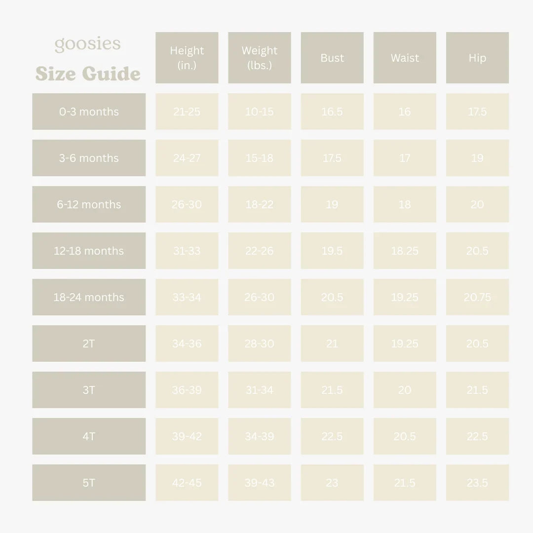 Size guide chart for children's clothing with measurements in height, weight, bust, waist, and hip.