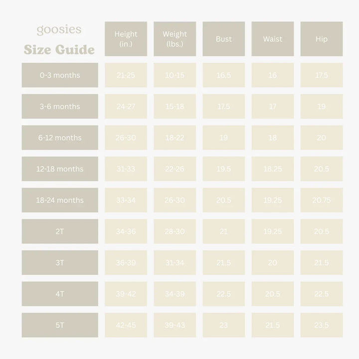 Size guide chart for children's clothing with measurements in height, weight, bust, waist, and hip.