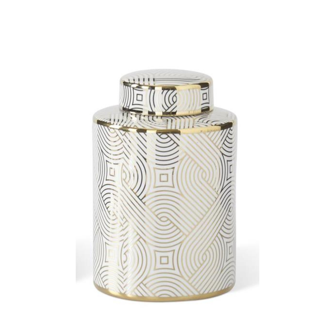 Decorative ceramic jar with geometric patterns on a white background