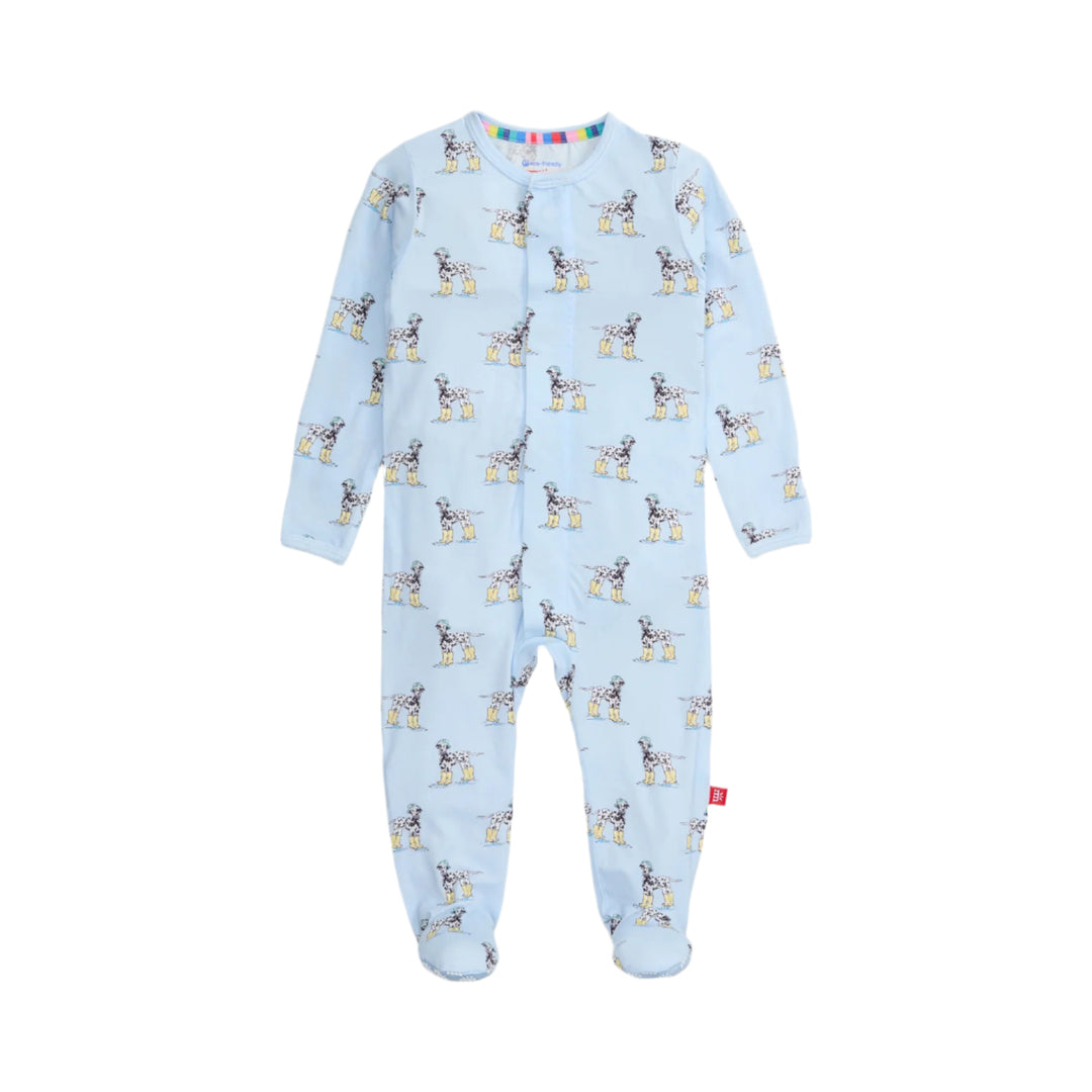 Light blue baby footie with animal pattern on a white background