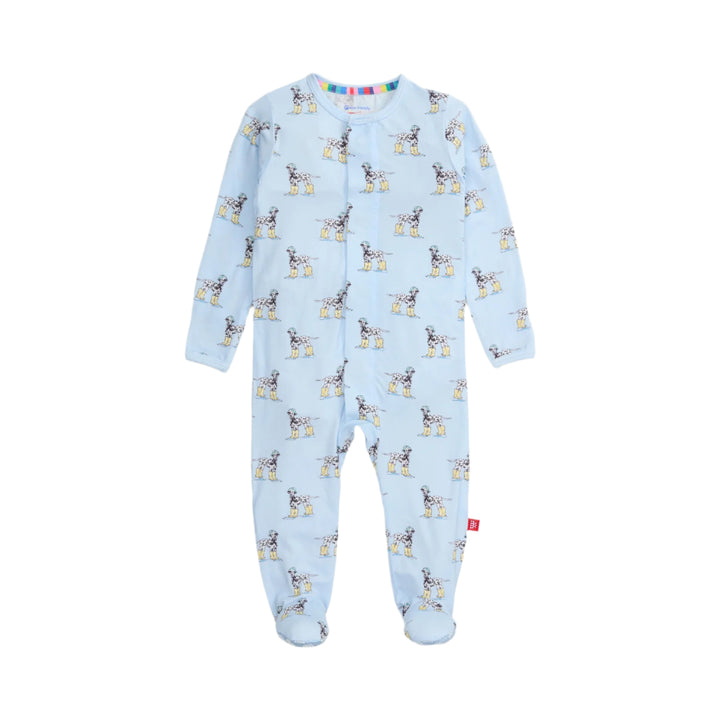 Light blue baby footie with animal pattern on a white background