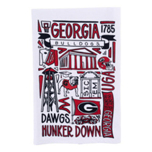 A white tea towel with red and black text and graphics related to the University of Georgia and the Georgia Bulldogs.