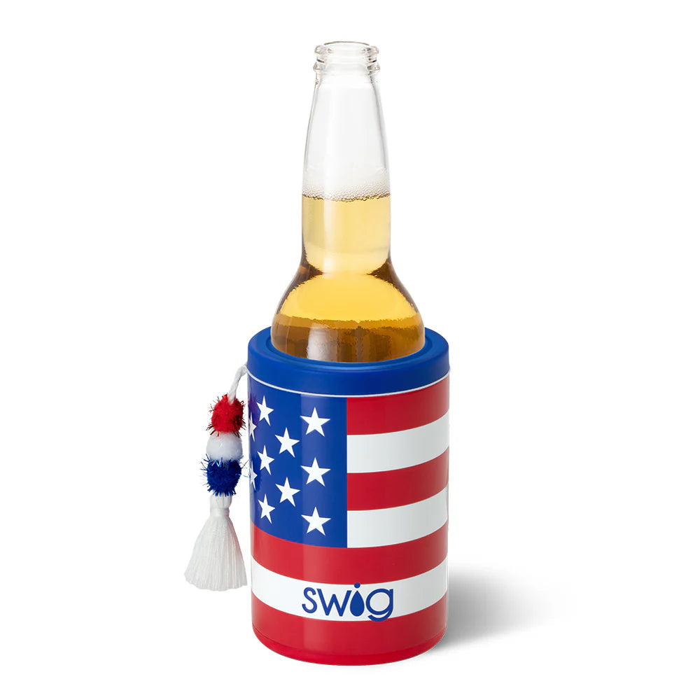 Red, white, and blue insulated can cooler with striped design and star accents for standard beverage cans | Walker Boutique